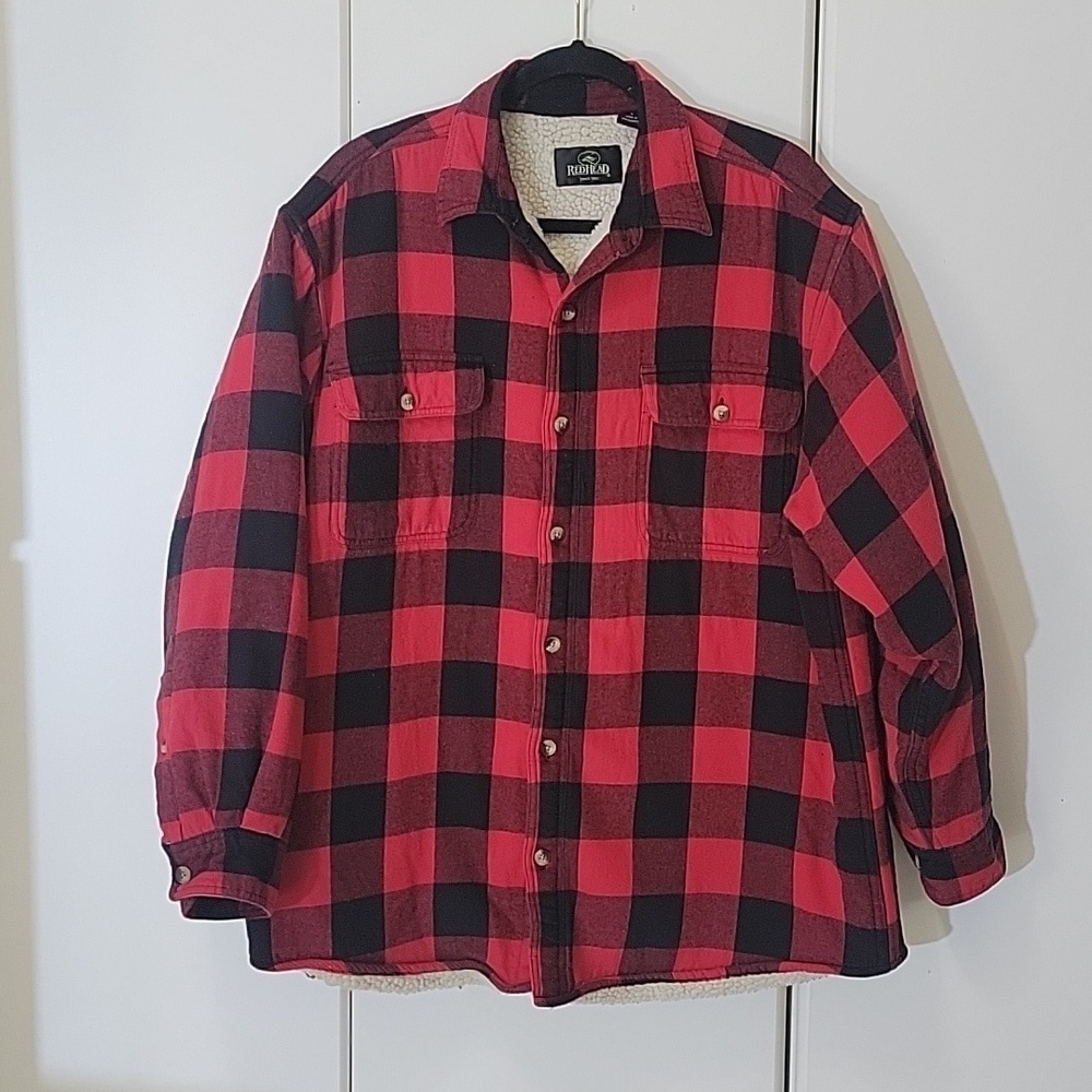 Red Head Mens Size L Sherpa lined Shirt Jacket Red Black Buffalo Checked